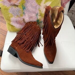 Shyanne Girls' Double-Fringe Western Boots Suede Leather Cowgirl Boots sz: 2
